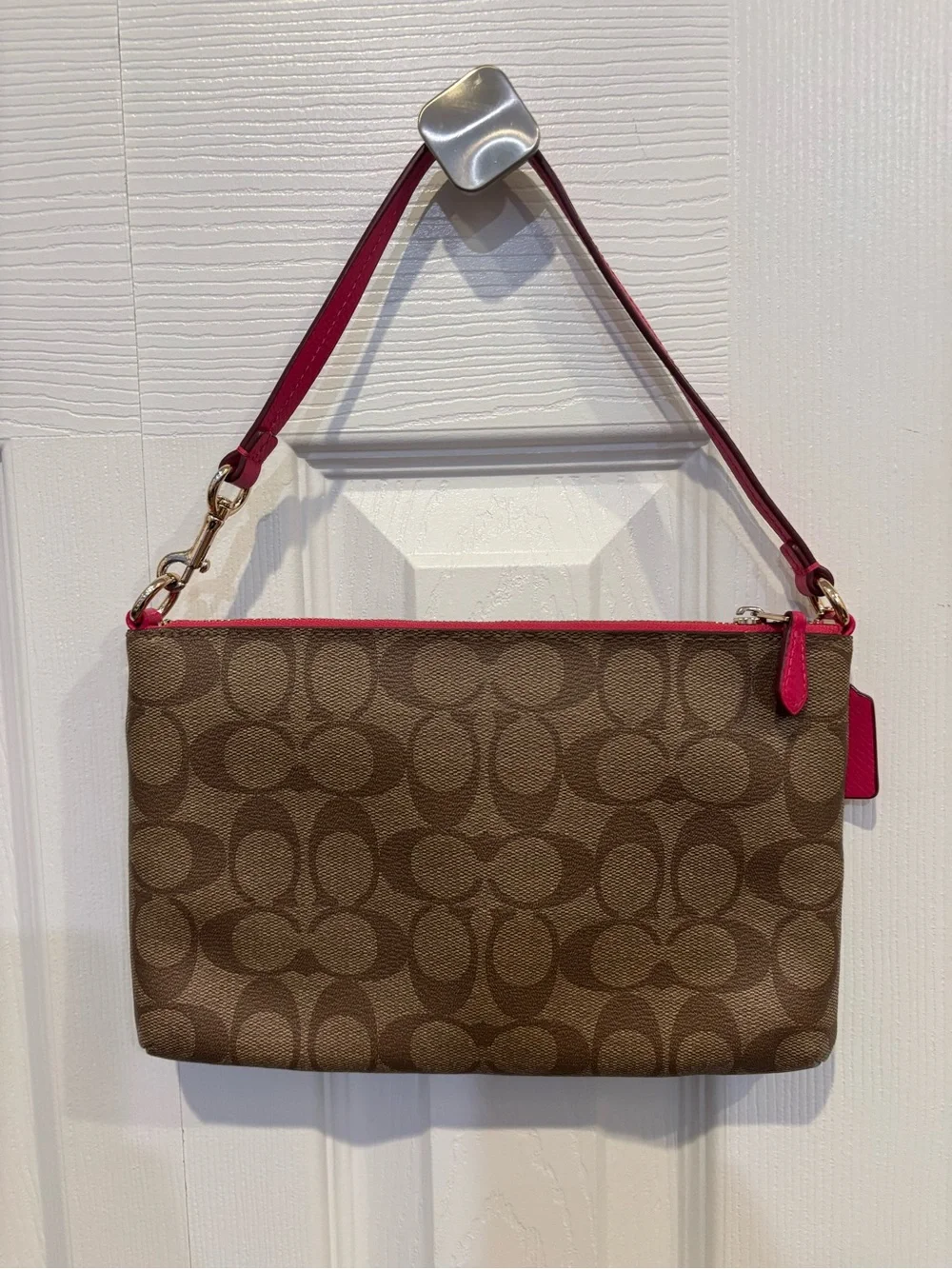 Coach Brown Signature Canvas Wristlet with Pink Trim and Strap